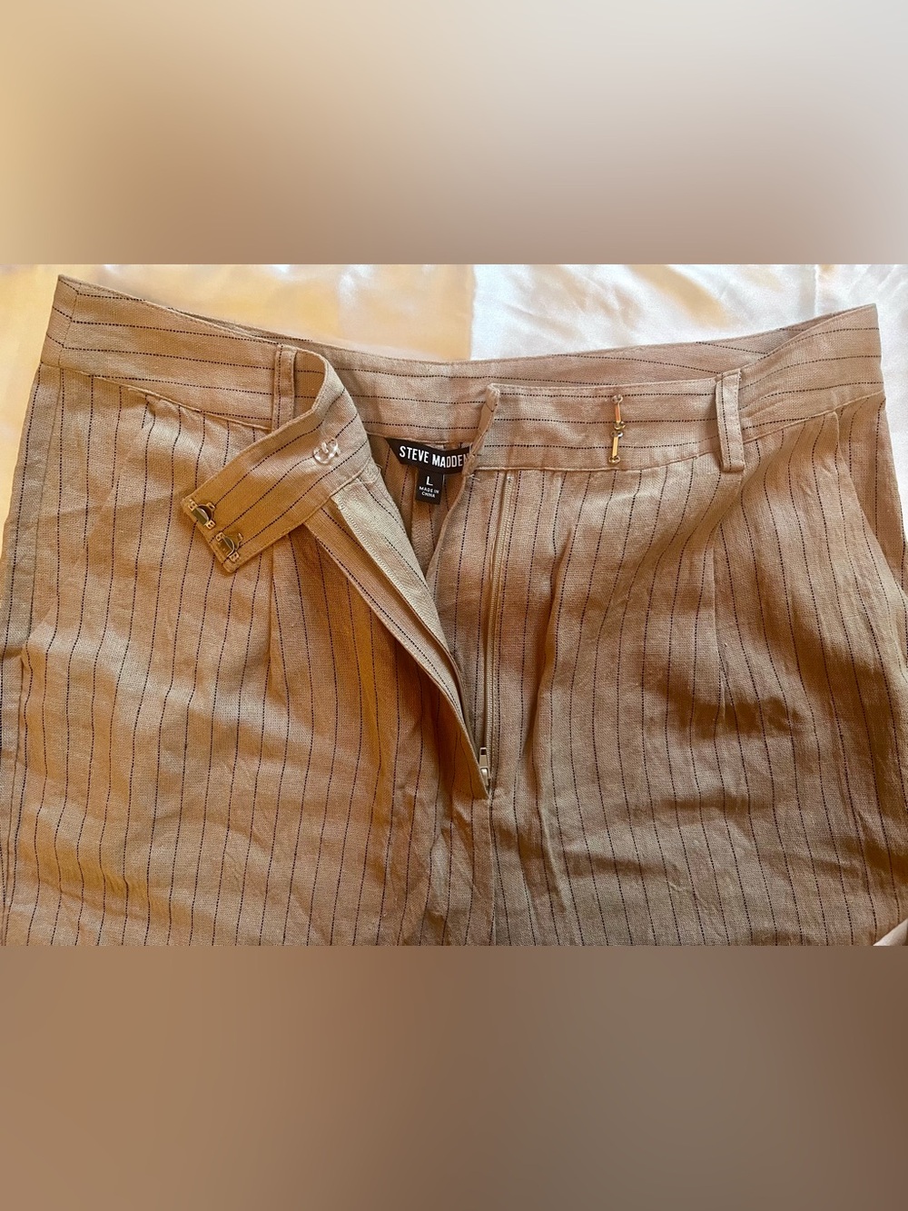Steve Madden Beige Linen Pinstriped Bermuda Shorts
